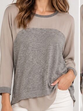 Jigsaw Two-Tone Cotton & Silk Knit Top Mixed Media Sz Medium Taupe Gray Luxury